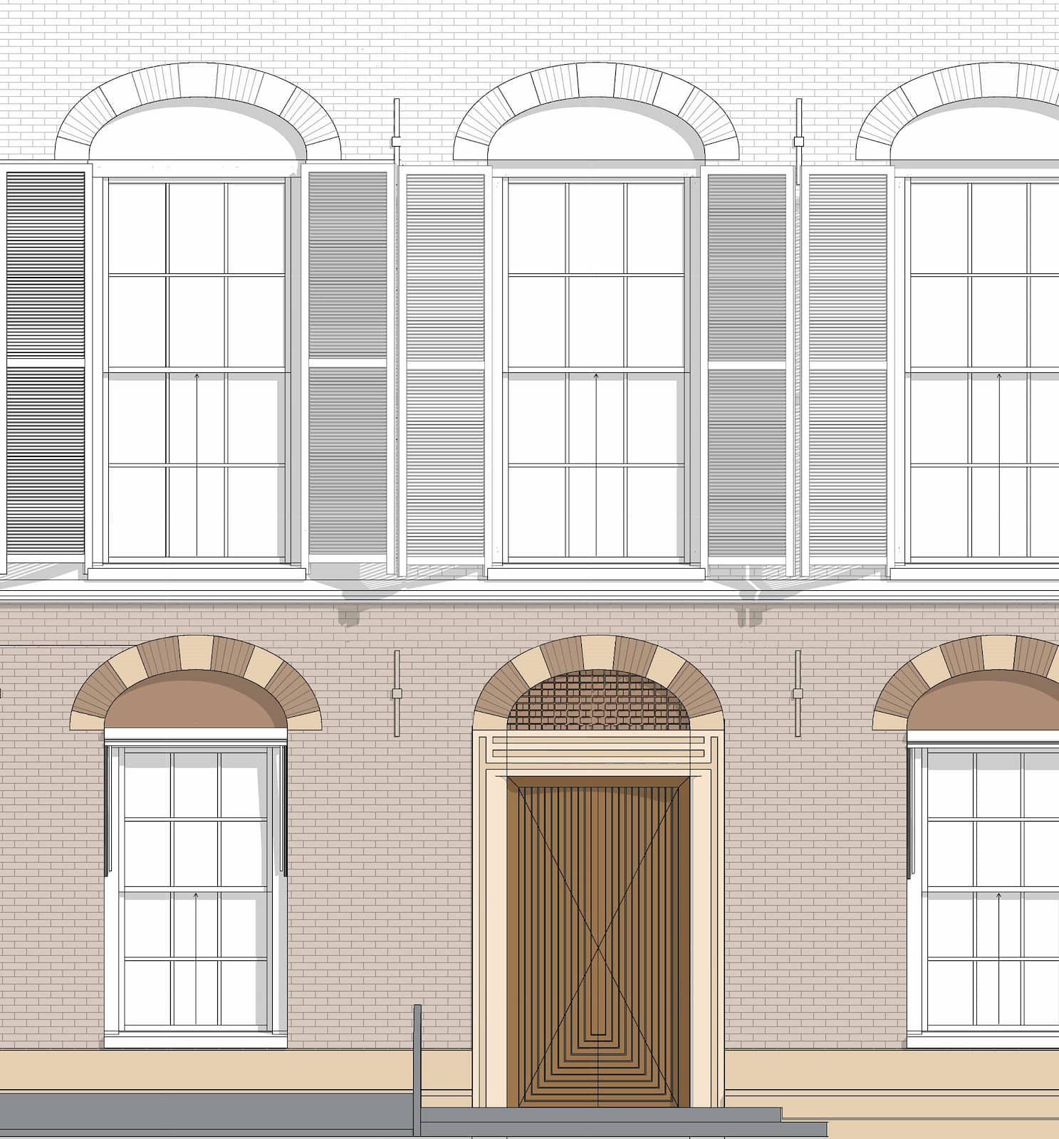 Impressie van gevel met nieuwe deur publieksentree Eerste Kamer