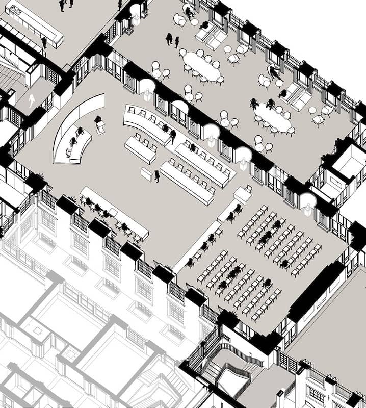 3D-tekening Oude Zaal met opstelling voor commissie in vrije opstelling