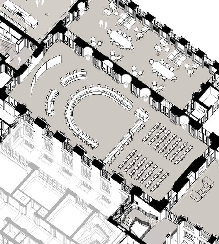 3D-tekening Oude Zaal met opstelling voor Kamercommissie aan tafel in U-vorm