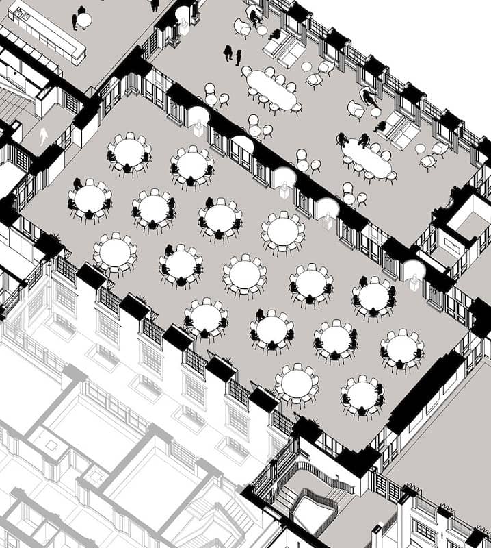 3D-tekening Oude Zaal met opstelling voor diner met ronde tafels