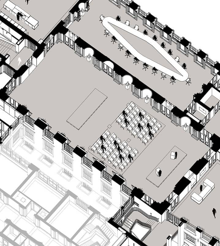 3D-tekening Oude Zaal met opstelling voor persconferentie