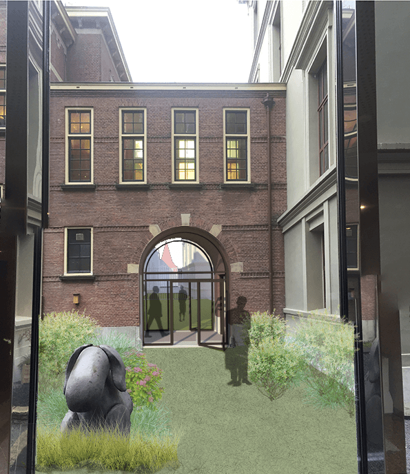 Impressie van Schepeltuin met verbinding gebouw C en K na de renovatie, met doorkijk naar het Torentje