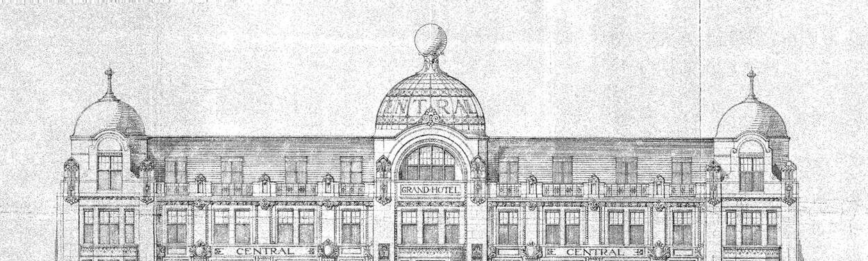 Tekening uit 1912 van bovenkant gevel hotel Central in de Lange Poten Den Haag