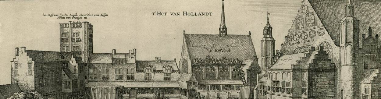 Het Binnenhof in 1619 met de Mauritstoren, de Hofkapel en de Ridderzaal