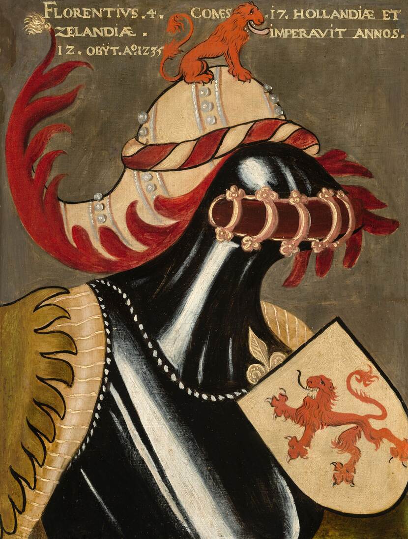 Portret van Floris IV met een helm met gesloten vizier, zijn gezicht niet zichtbaar. Voor de linkerschouder het wapen: Rode Leeuw in goud. Opschrift langs bovenrand: Florentinus.4.Comes 17. Hollandiae et Zelandiae, imperavit Annos.12.Obijt A°. 1235