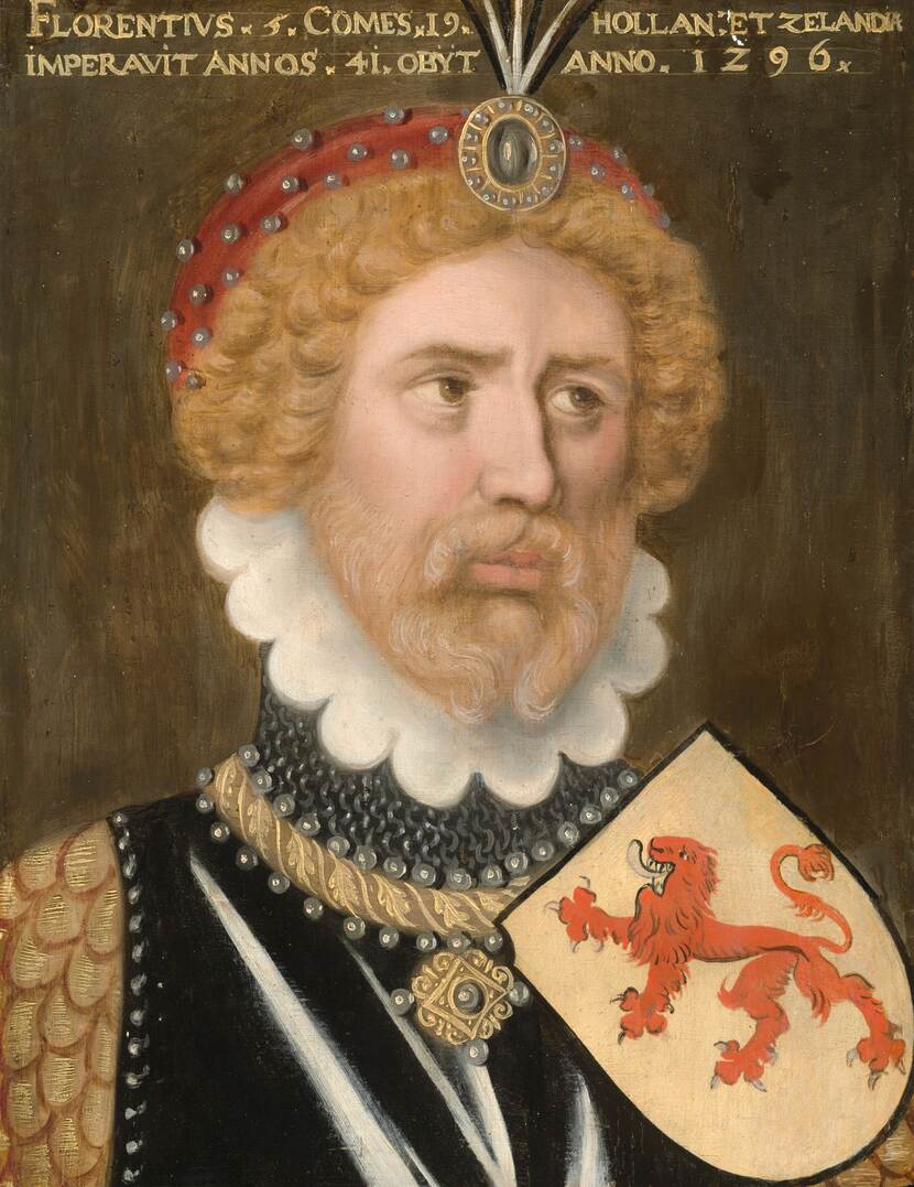 Portret van Floris V met muts op het hoofd en voor de rechterschouder het wapen met rode leeuw in goud. Langs de bovenrand het opschrift: Florentinus.5.Comes.19. Hollandiae et Zelandiae imperavit Annos.41.Obijt Anno.1296.