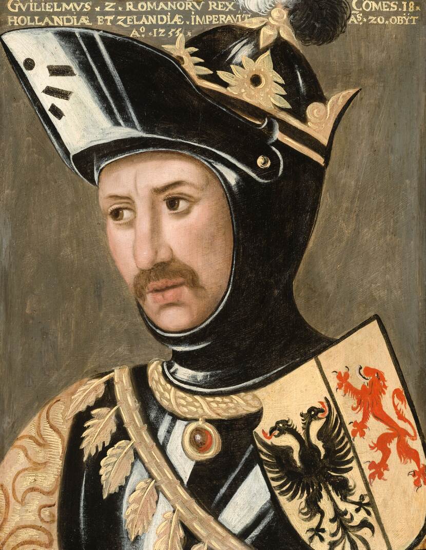 Portret van Willem II met helm en opgeslagen vizier. Langs bovenrand het opschrift: Guilielmus.2.Romanoru Rex Comes.18. Hollandiae et Zelandiae. Imperavit As.20.Obijt A° 1255.
