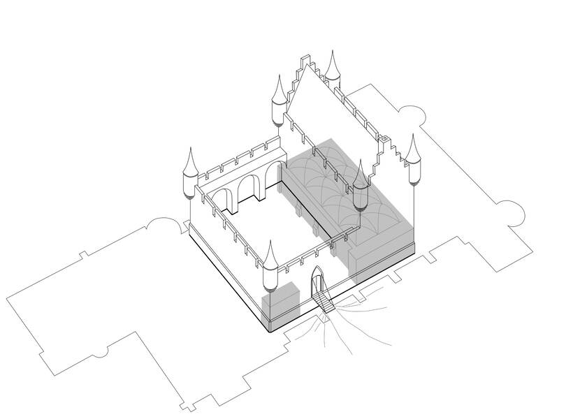 Vogelperspectief met een impressie van het Binnenhof circa 1230; te zien is een jachtslot ernaast een ommuurde binnenplaats, in donkergrijs is het volume aangegeven de behouden bouwmassa uit 1230