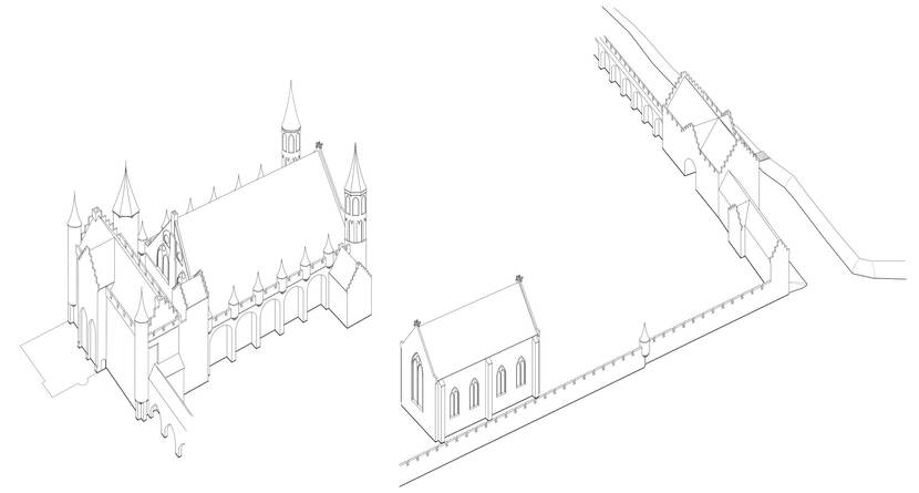 Vogelperspectief met een impressie van het Binnenhof circa 1295; te zien zijn van links naar rechts het Rolgebouw, de Ridderzaal, de Hofkapel en de toegangspoort tot het ommuurde Binnenhof