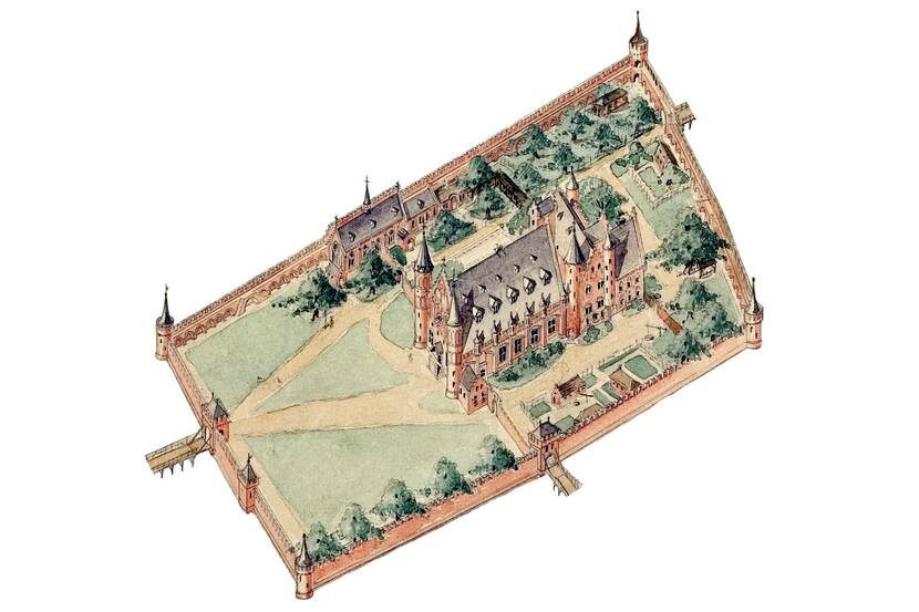Vogelperspectief met een impressie van het Binnenhof circa 1295 door C.H.Peters; binnen een ommuurd Binnenhof zijn het Rolgebouw, de Ridderzaal en de Hofkapel te zien
