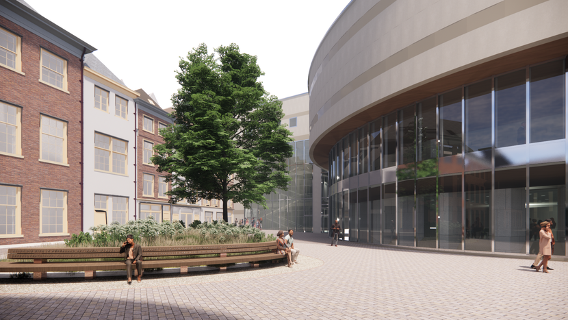 Ontwerp voor de plaatsing van de tekst artikel 1 van de Grondwet op een bank rondom een perk met groen op de vernieuwde Hofplaats, met rechts zichtbaar de plenaire zaal van de Tweede Kamer