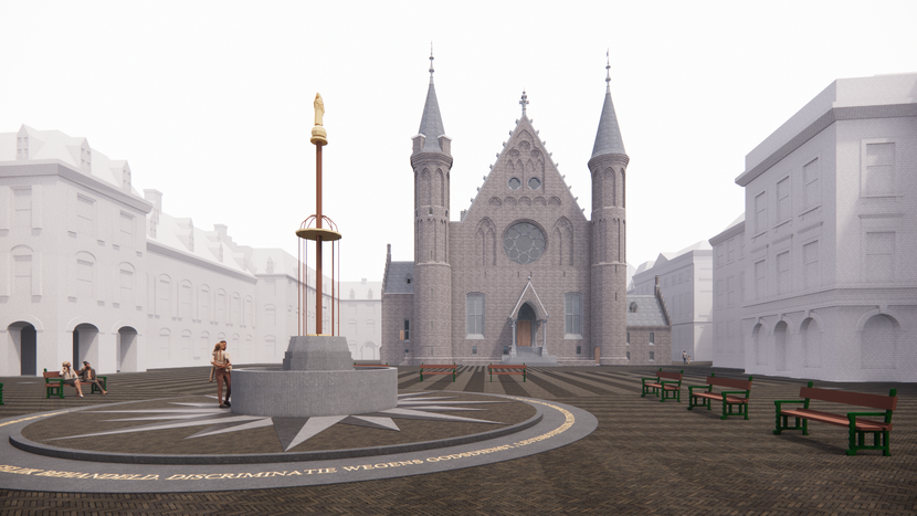 Ontwerp voor de plaatsing van de tekst van artikel 1 van de Grondwet rondom de fontein op het Opperhof van het Binnenhof, met op de achtergrond de Ridderzaal