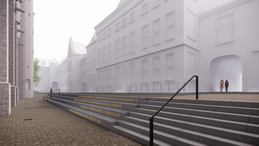 Ontwerp voor de plaatsing van de tekst artikel 1 van de Grondwet in gouden letters op een trap tussen de Ridderzaal (links) en de gebouwen van de Tweede Kamer (rechts)