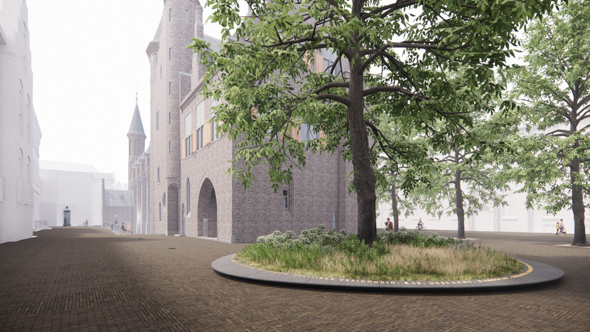 Ontwerp voor de plaatsing van de tekst artikel 1 van de Grondwet rondom een groenperk met boom in de Gravinnentuin achter de Ridderzaal op het Binnenhof