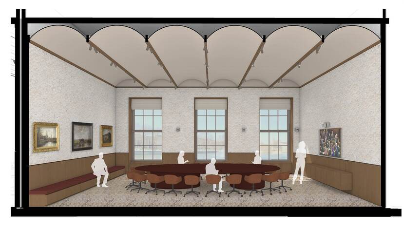 Impressie van nieuwe commissiezaal met gewelfd plafond