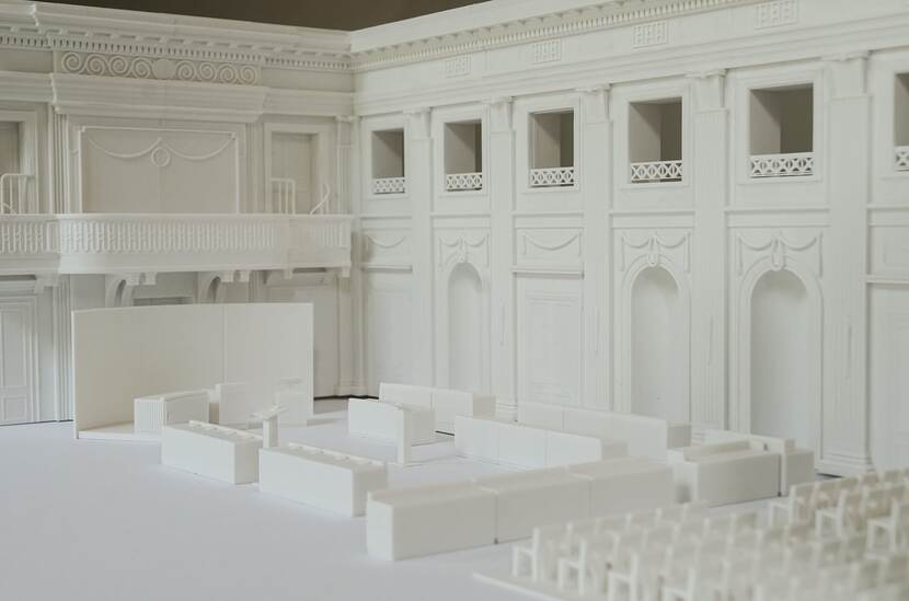 Detail van 3D print Oude Zaal met vergaderopstelling