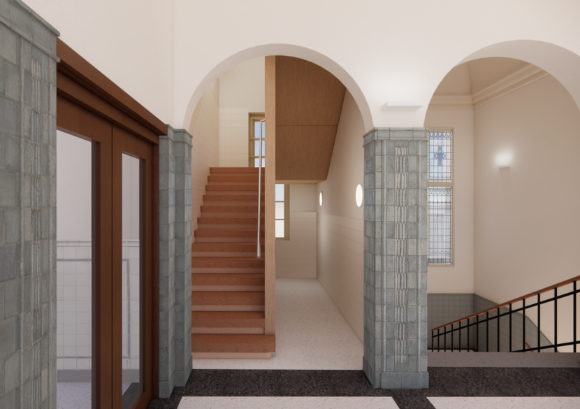 Impressie van het nieuwe trappenhuis van gebouw C, met rechts de 'oude' trap en links de nieuw te maken trap