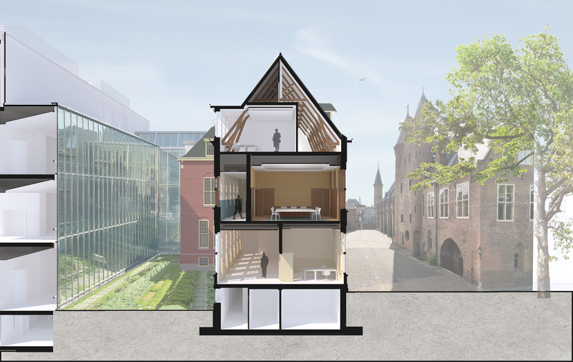 Doorsnede over de vier verdiepingen van de westvleugel van gebouw C, met op de zolder zichtbaar de spanten en de nieuwe werkruimte