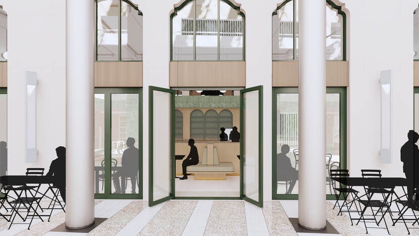 Gebouw H met openstaande deuren bij entree koffielokaal aan Statenpassage