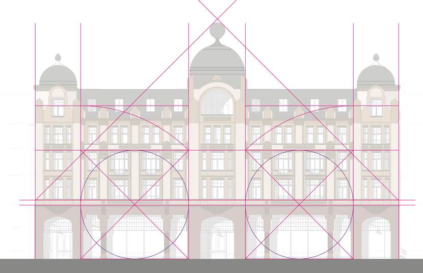 Voorgevel Hotel Central, met cirkels en lijnen zijn de verhoudingen aangegeven