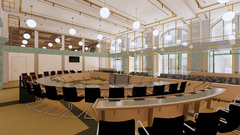 Impressie interieur commissiezaal in gebouw H met ongeveer 30 rondom opgestelde stoelen