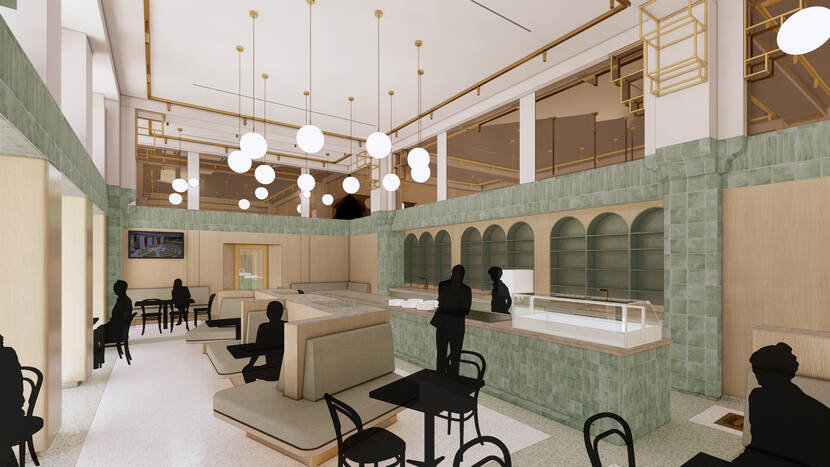 Interieur gebouw H met bankjes koffiebar, kolommen en balken zijn afgezet met groene tegels