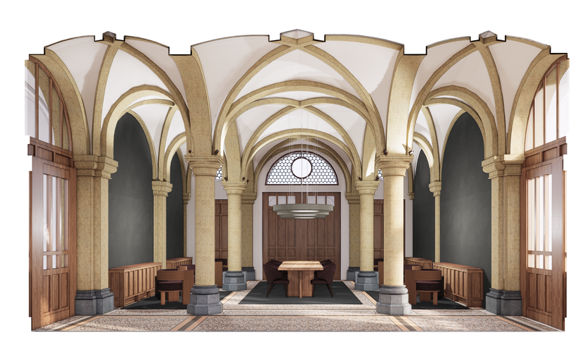 Impressie vestibule gebouw J na renovatie met zithoekjes en leestafel