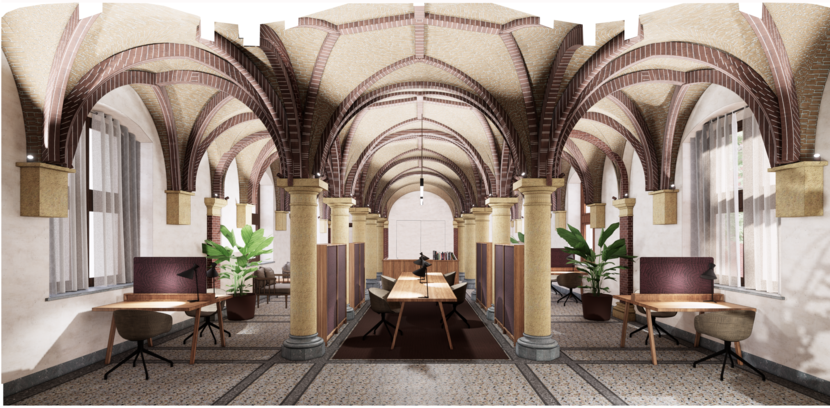 Impressie van de gewelvenzaal na renovatie met in het midden van de ruimte met kolommen een grote vergadertafel en aan de zijkanten individuele werkplekken