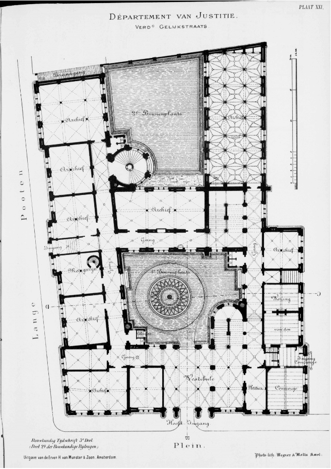 Plattegrond begane grond van gebouw J uit 1881 met de twee binnenplaatsen