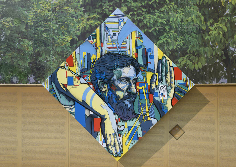 Het werk van Studio ZEPA met een afbeelding van Mondriaan op het Plein in Den Haag