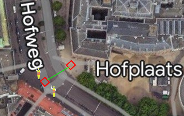 Luchtfoto van de Hofweg / Hofplaats met in rood aangegeven de plaats van de kuilen; bij de kuil op de Hofweg staan twee verkeersregelaars aangegeven