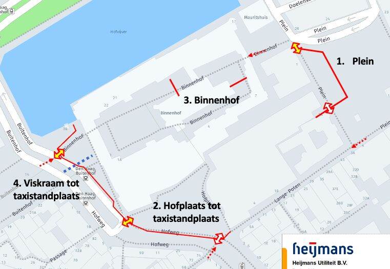 Tekening met de locaties waar de bouwschuttingen worden geplaatst