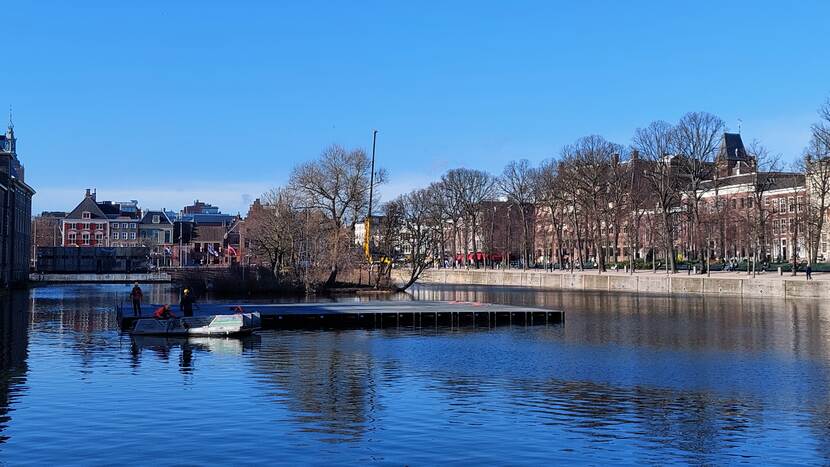 Pontons drijven middenop de Hofvijver, gezien vanaf de Korte Vijverberg