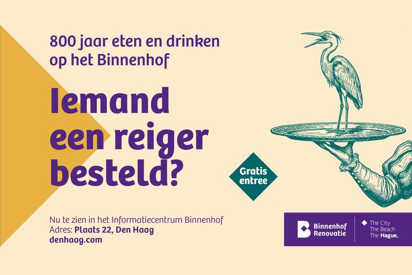 Beeld van een levende reiger op een presenteerblad met tekst 'Iemand een reiger besteld - 800 jaar eten en drinken op het Binnenhof'