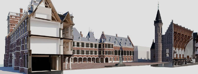 3D-doorsnede over het Binnenhof met links de Raad van State en rechts de Ridderzaal