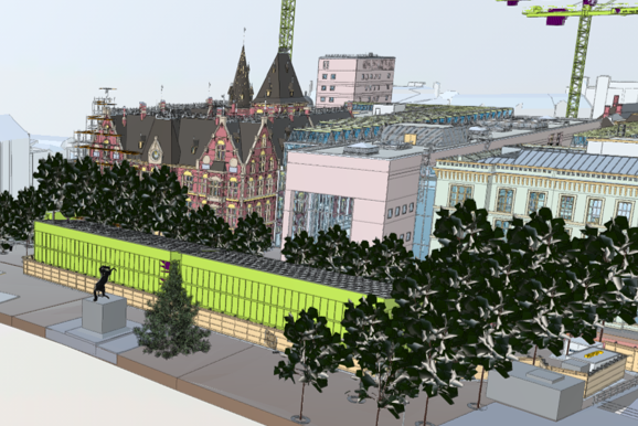 Afbeelding: een impressie van de bouwketen tijdens de Binnenhofrenovatie op Plein Den Haag