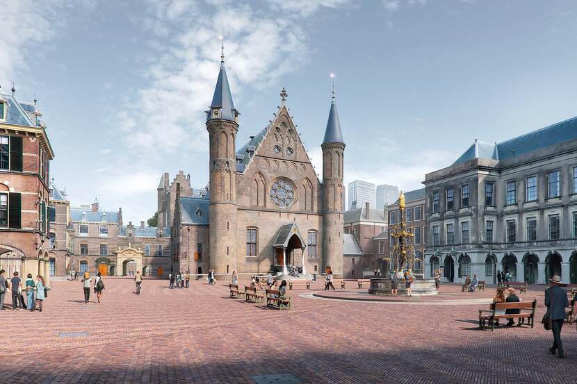 Impressie van het Voorhof met nieuwe bestrating en de Binnenhoffontein, met op de achtergrond de Ridderzaal