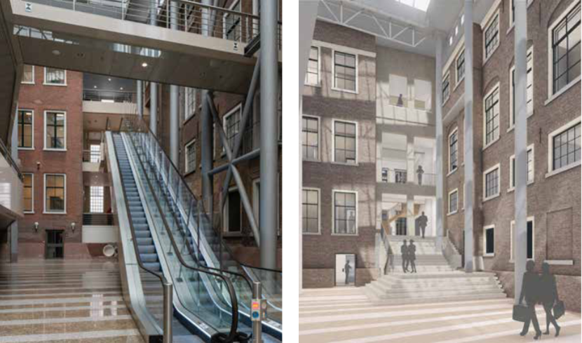 Links een foto van de oude roltrap in de Schepelhal voor de renovotie en rechts een impressie van het nieuwe ontwerp van de trap door BiermanHenket