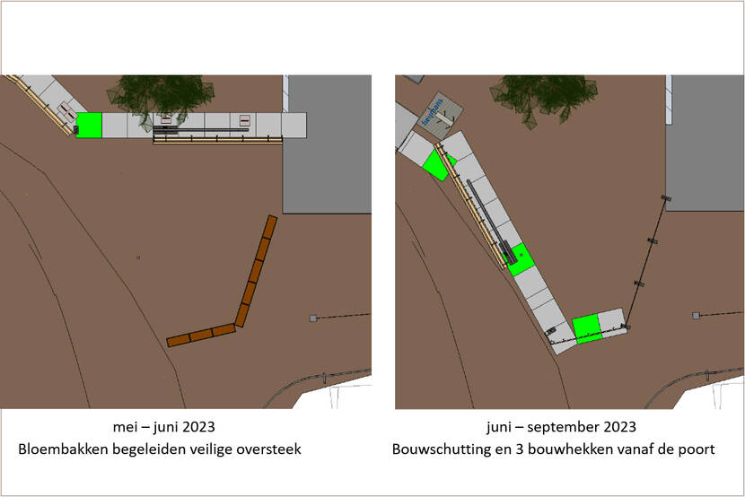 Twee afbeeldingen van de situatie Lange Poten bij de Hofplaats: links situatie mei-juni 2023 met plantenbakken die een veilige oversteek begeleiden, rechts de situatie juni -  september 2023 met verplaatste bouwschuttingen en poort naar de bouwplaats