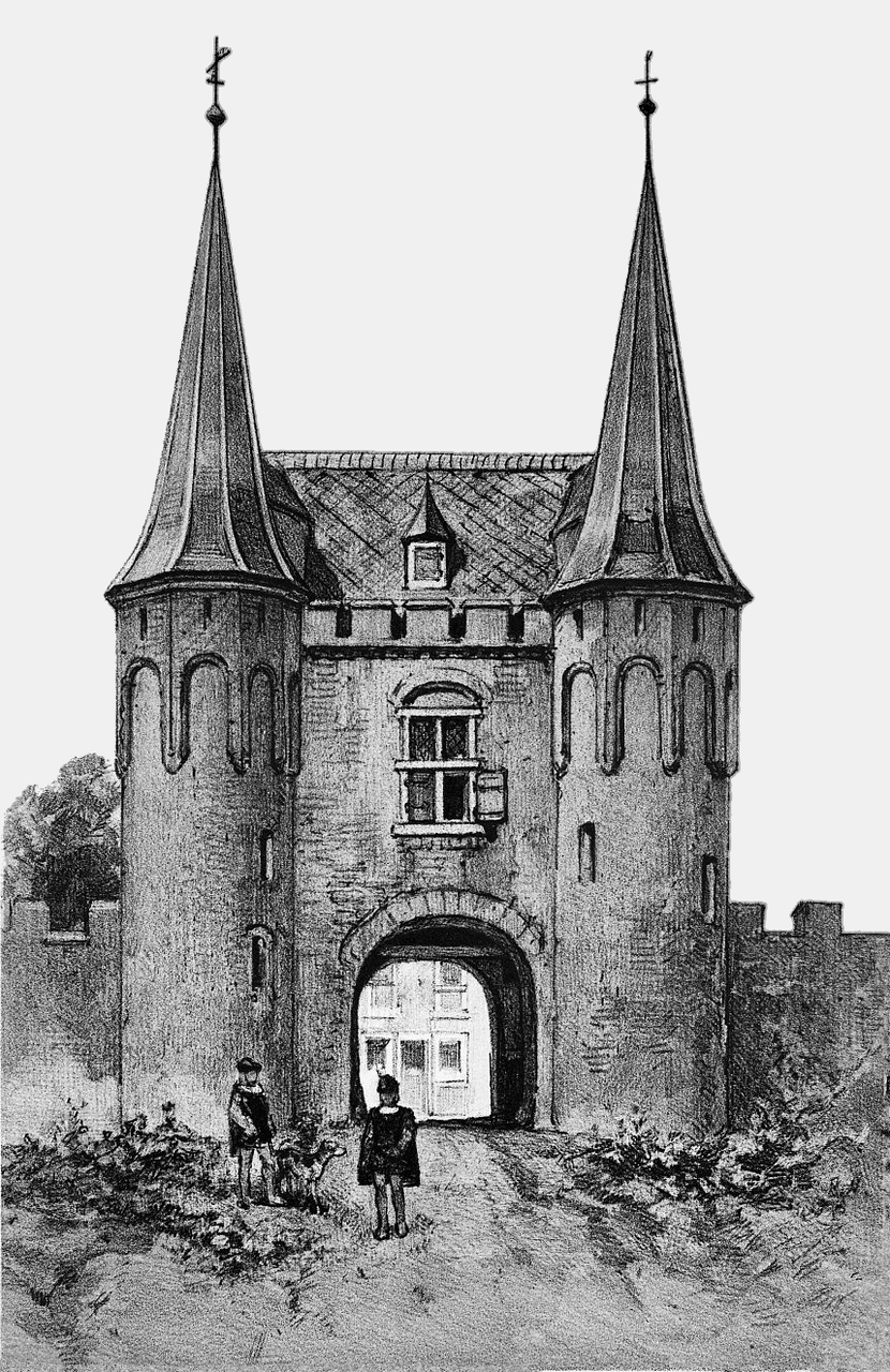 Door Jan Mesker getekende reconstructie van de Spuipoort. We zien de twee torentjes en daar tussenin de poort naar het Binnenhof.