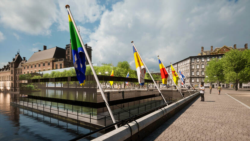 Impressie van de spiegelende bouwkeet in de Hofvijver en vlaggen op het Buitenhof