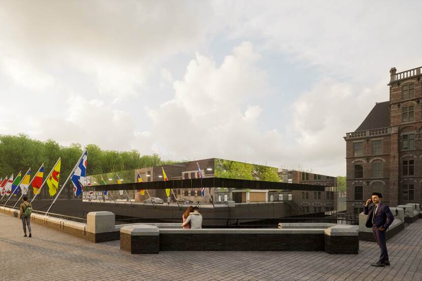 Impressie van de spiegelende bouwkeet in de Hofvijver met rechts de Mauritstoren en links de vlaggen op het Buitenhof