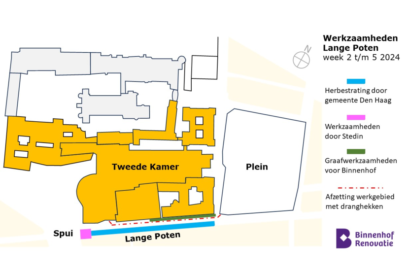 Overzichtkaartje van Lange Poten met gebouwen van de Tweede Kamer. Bij hoek Spui: werkzaamheden Stedin. Door de Lange Poten: herbestrating gemeente en afzetten werkgebied Binnenhofrenovatie door Rijksvastgoedbedrijf