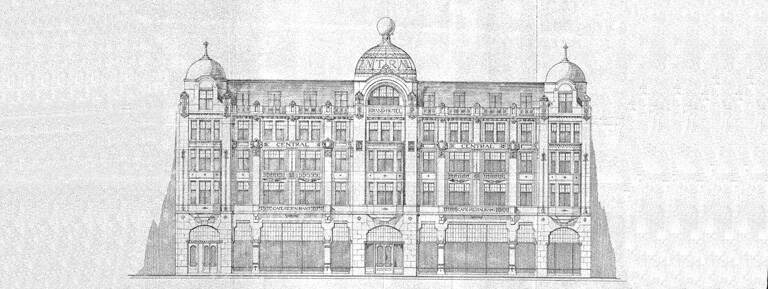 Tekening uit 1912 van voorkant gevel hotel Central in de Lange Poten