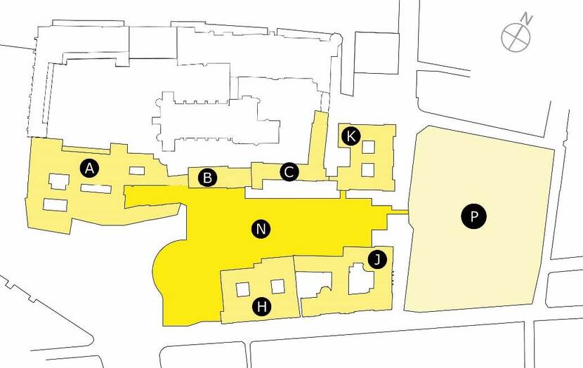Overzicht deelprojecten Binnenhofrenovatie gebouwcomplex Tweede Kamer: de gebouwdelen A, B, C, J (Justitie), H (Hotel), N (Nieuwbouw) en P (Parkeergarage)