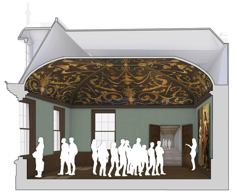 Inkijkdoorsnede van Het Mary Stuartkabinet met het karakteristieke plafond - schetsontwerp