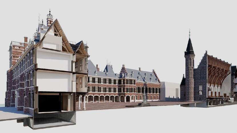 Een driedimensionale doorsnede door het gebouw van de Raad van State en de Ridderzaal met op de achtergrond de gebouwen van de Eerste Kamer