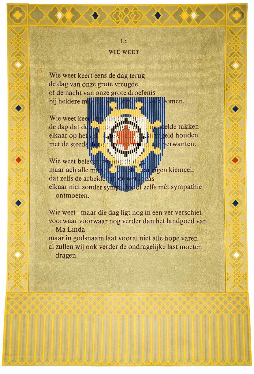 Wandkleed met wapen van Bonaire met scheepsroer en tekst “Ma Linda, Cola Debrot (1970)”