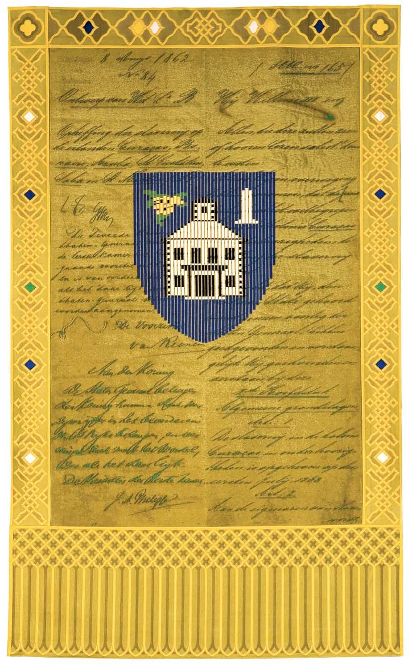 Wandkleed met het wapen van St. Maarten en tekst “Afschaffing slavernij (1863)”